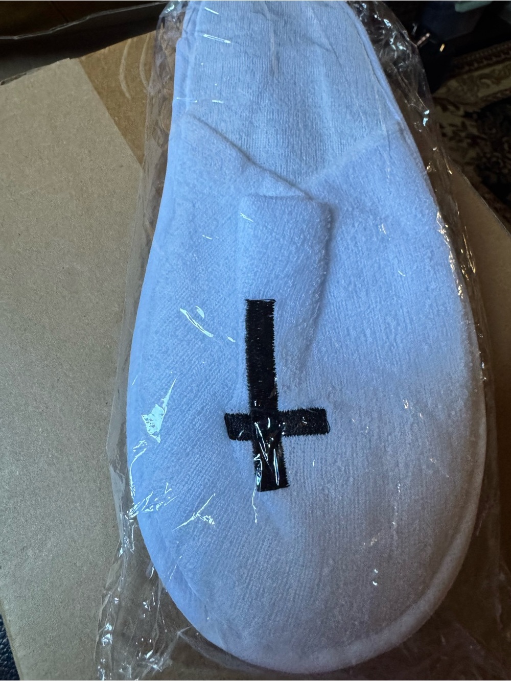 White Terry Spa Slippers with Black Cross Accent